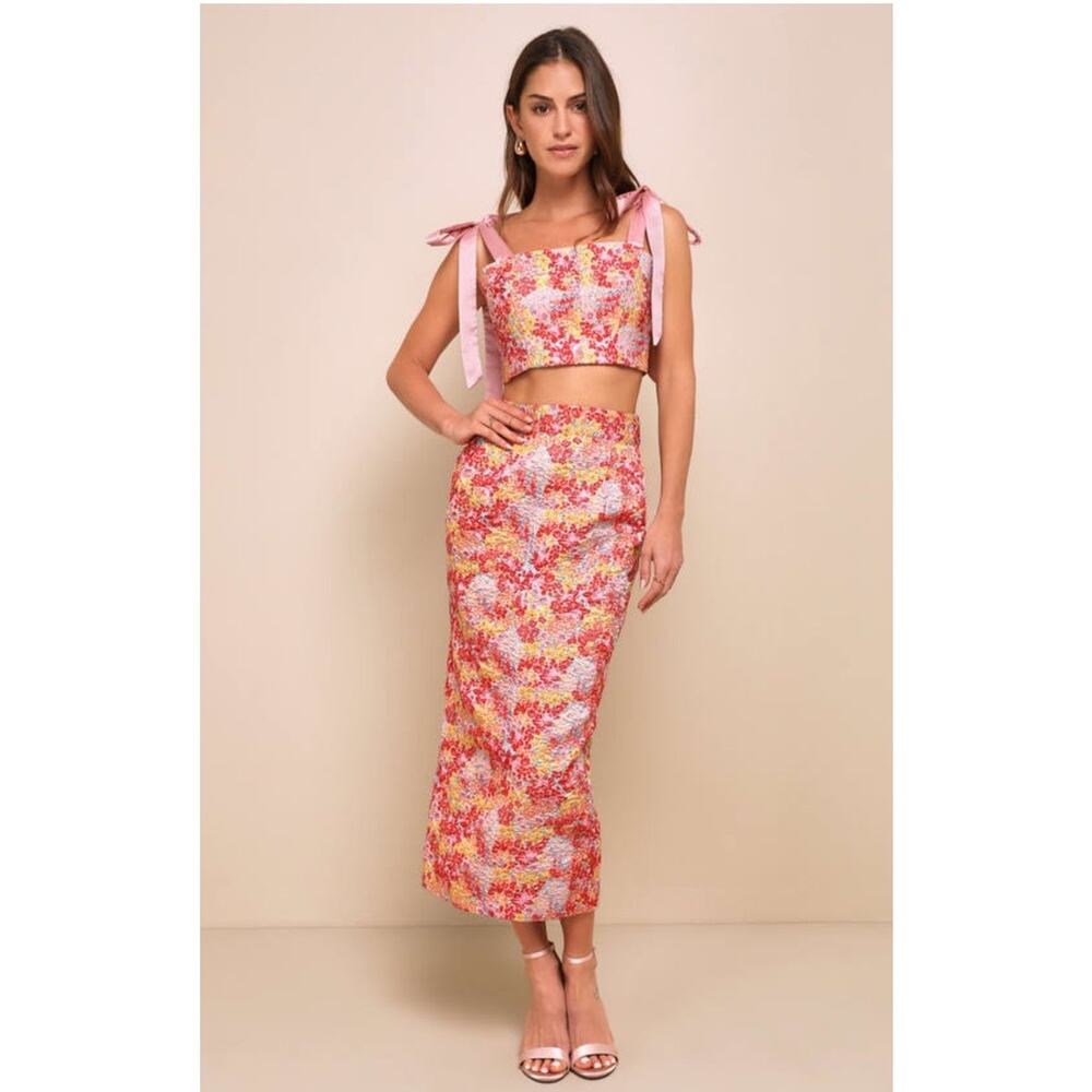 Lulus Womens Ellarina Pink Multi Metallic 2-Piece Midi Dress Set Size Small NWT